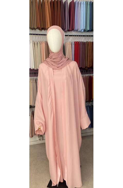 ensemble abaya kimono soie de médine rose pêche