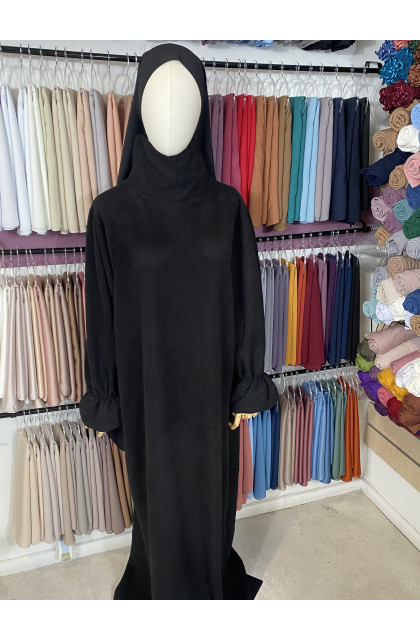 abaya en laine col montant manches tulipe noir