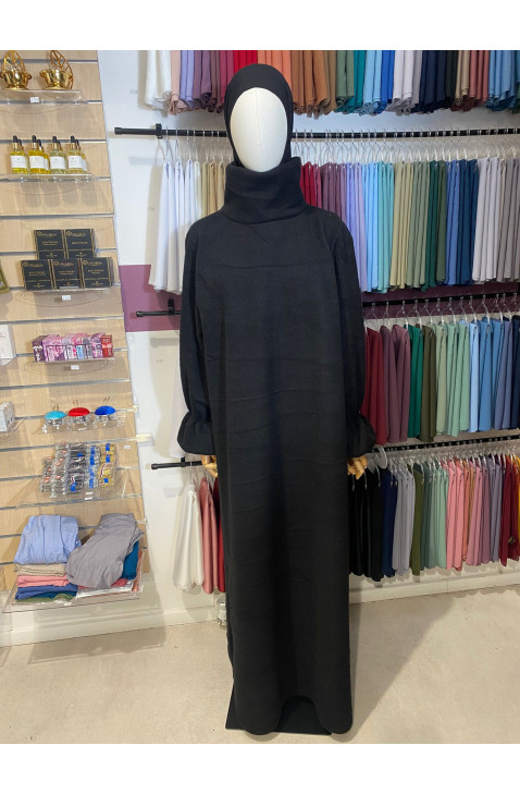 abaya en laine col montant manches tulipe noir