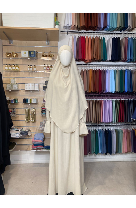 Ensemble en jazz  beige clair  - Abaya manches tulipes & khimar simple