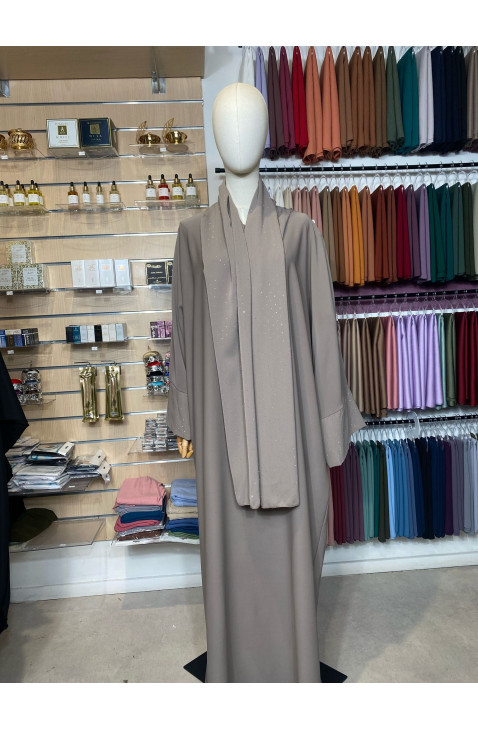 Abaya voile intégré taupe avec strass