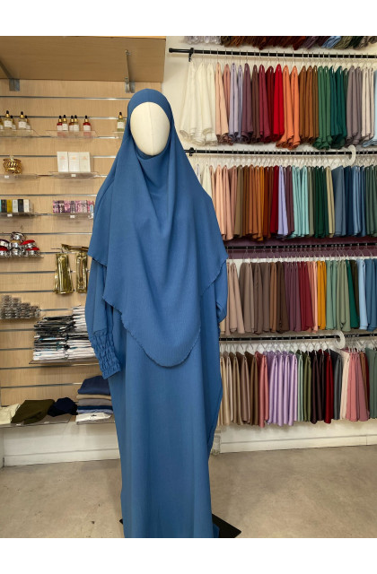 Ensemble abaya manches resserrées & khimar en jazz bleu azur