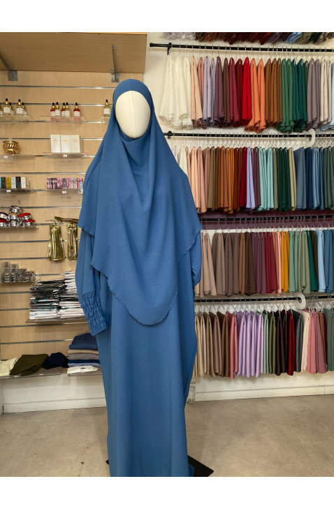 Ensemble abaya manches resserrées & khimar en jazz bleu azur