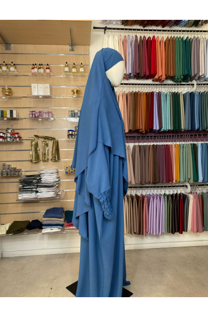 Ensemble abaya manches resserrées & khimar en jazz bleu azur