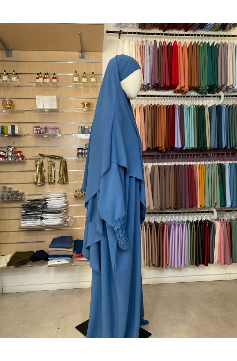 Ensemble abaya manches resserrées & khimar en jazz bleu azur