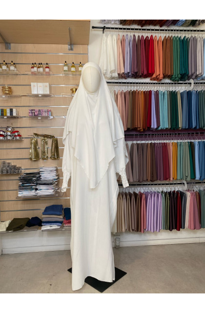 Ensemble abaya manches resserrées & khimar en jazz blanc