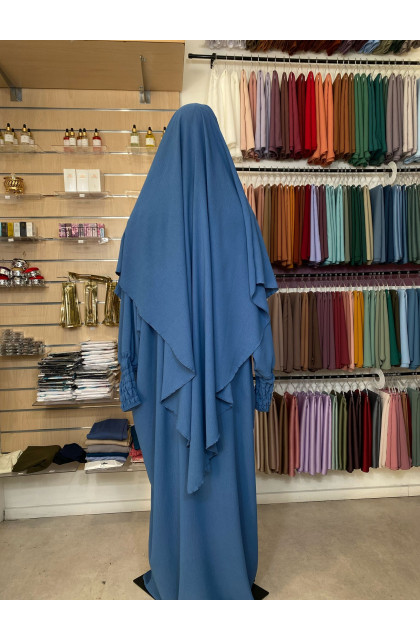 Ensemble abaya manches resserrées & khimar en jazz bleu azur