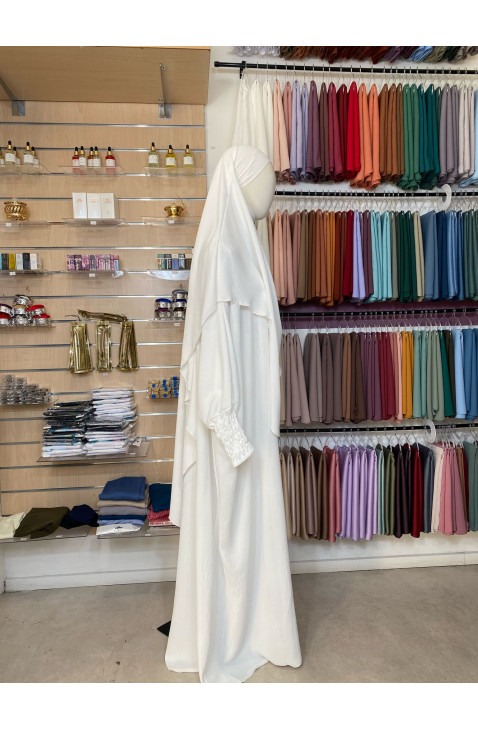 Ensemble abaya manches resserrées & khimar en jazz blanc