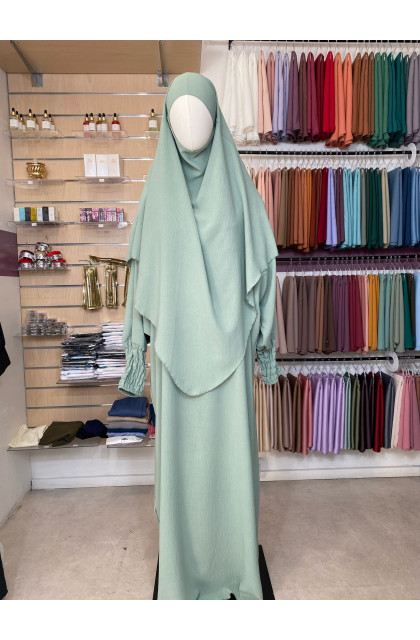 Ensemble abaya manches resserrées & khimar en jazz vert opaline