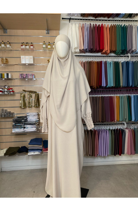 Ensemble abaya manches resserrées & khimar en jazz beige