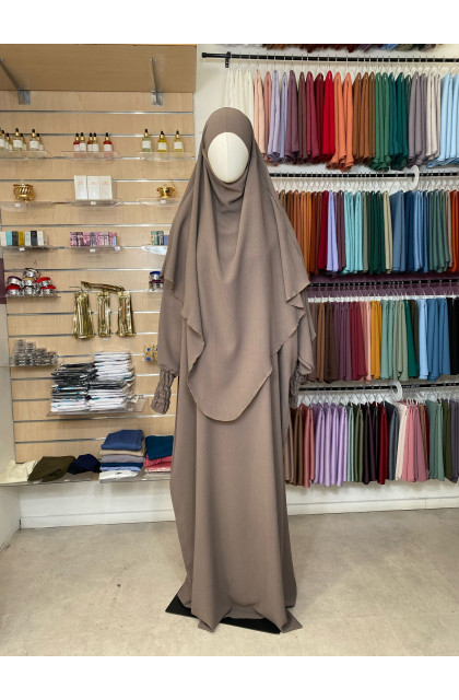 Ensemble abaya manches resserrées & khimar en jazz taupe