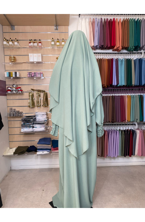 Ensemble abaya manches resserrées & khimar en jazz vert opaline