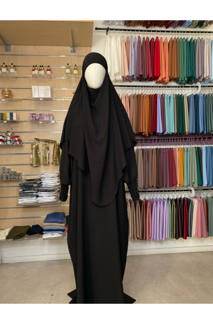 Ensemble abaya manches resserrées & khimar en jazz noir