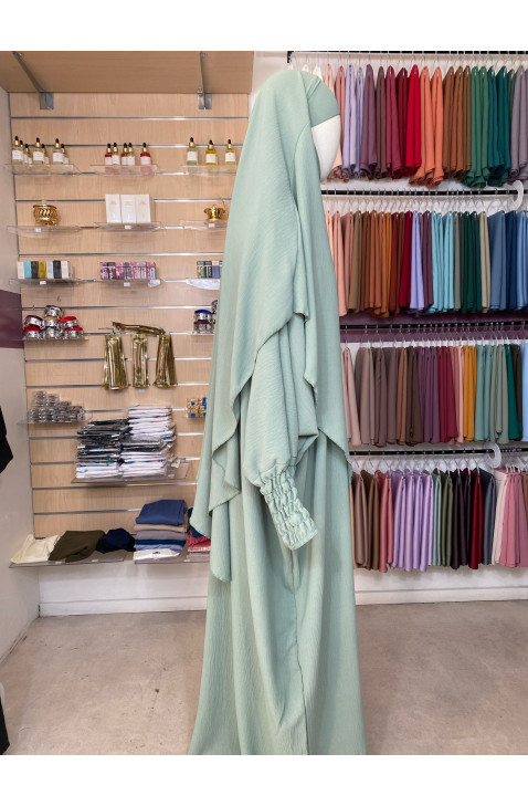 Ensemble abaya manches resserrées & khimar en jazz vert opaline