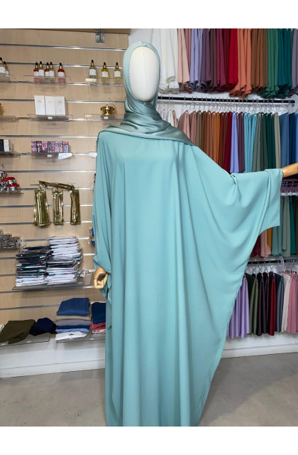 Abaya saoudienne en soie de medine manches à clips vert eau