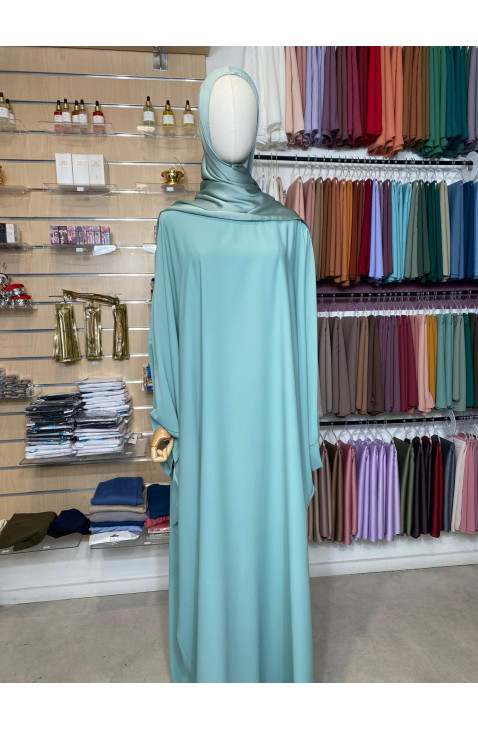Abaya saoudienne en soie de medine manches à clips vert eau
