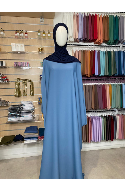 Abaya saoudienne en soie de medine manches à clips bleu azur