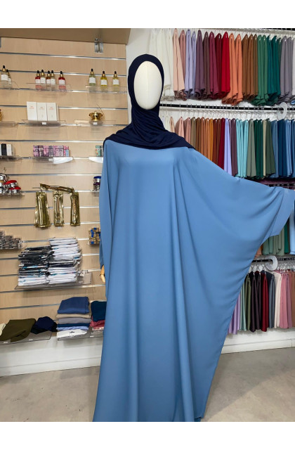 Abaya saoudienne en soie de medine manches à clips bleu azur
