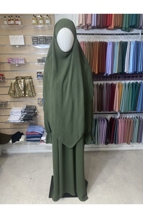 Ensemble abaya khimar en jazz manches tulipe vert kaki