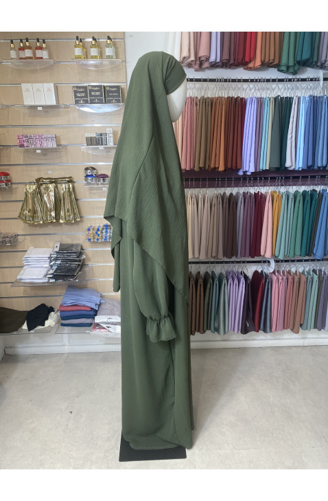 Ensemble abaya khimar en jazz manches tulipe vert kaki