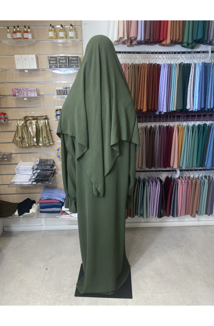 Ensemble abaya khimar en jazz manches tulipe vert kaki