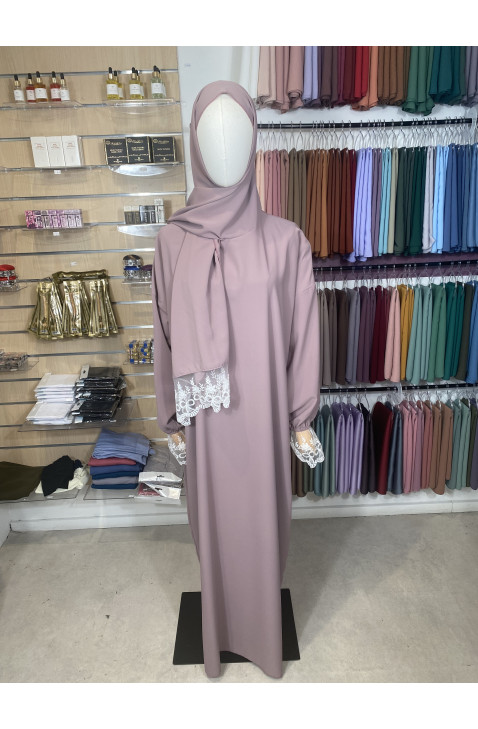 Abaya voile intégré détails en dentelles mulberry