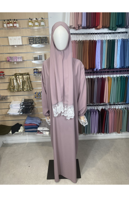 Abaya voile intégré détails en dentelles mulberry