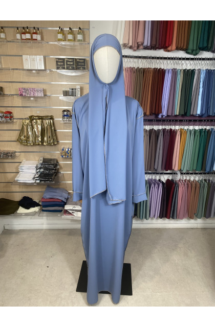 Abaya voile intégré bleu charron couture doré