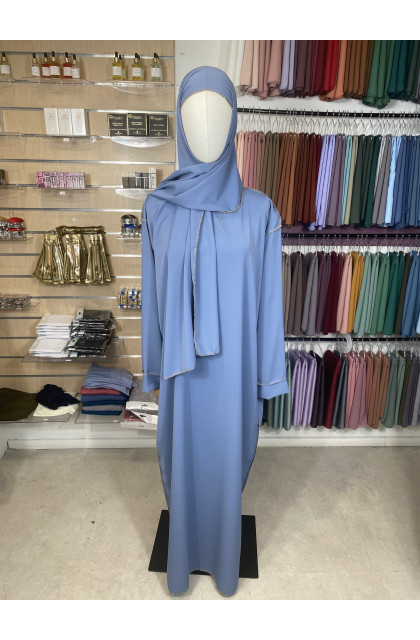 Abaya voile intégré bleu charron couture doré