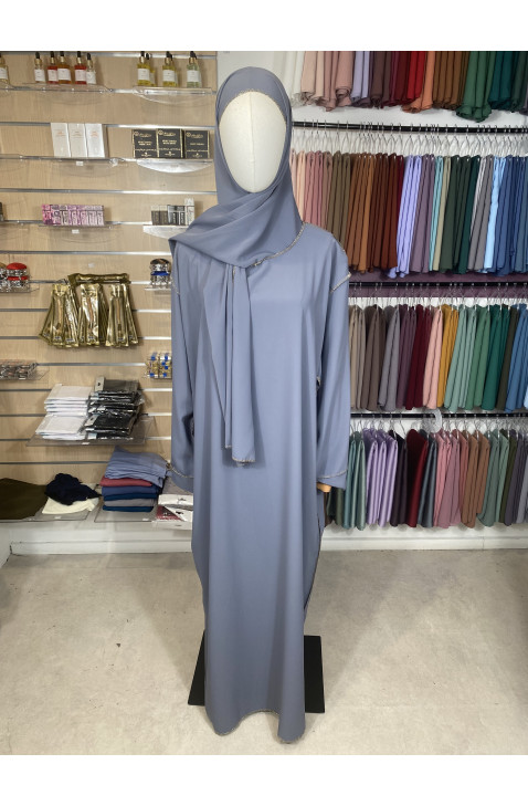 Abaya voile intégré grise couture doré