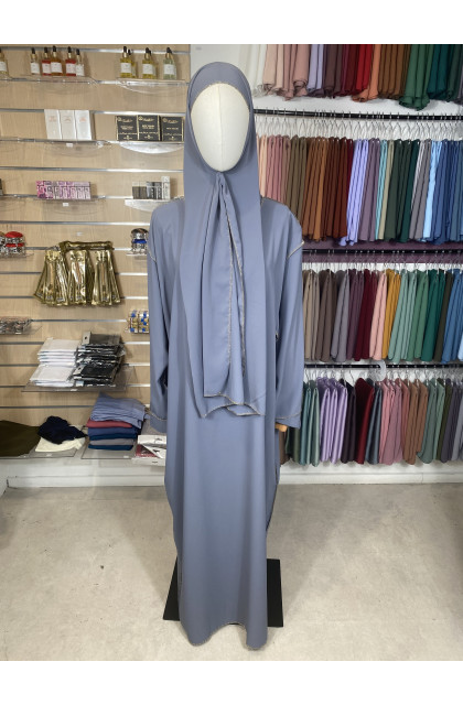 Abaya voile intégré grise couture doré
