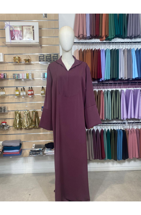 Abaya Col V en soie de médine prune