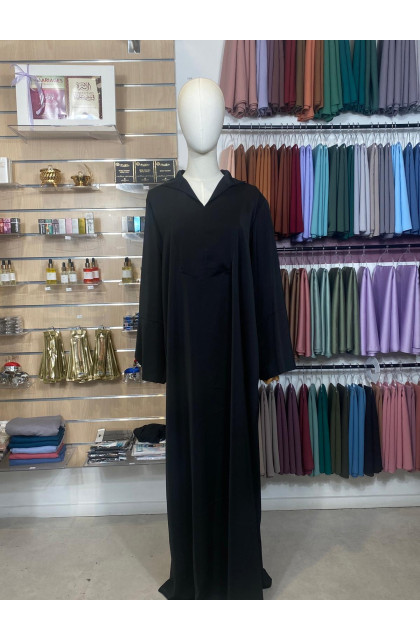 Abaya Col V en soie de médine noir