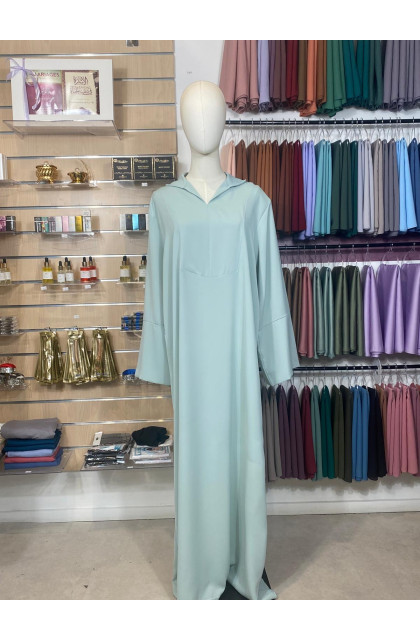Abaya Col V en soie de médine vert eau