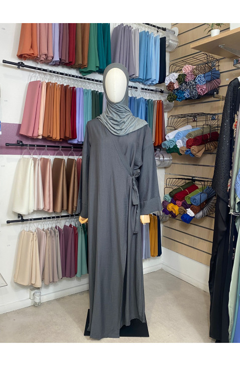 Abaya à nouer en lin gris ardoise
